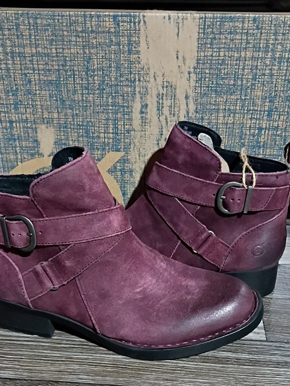 Born Women's Chaval Burgundy Leather Suede Ankle Boots with Buckle Strap